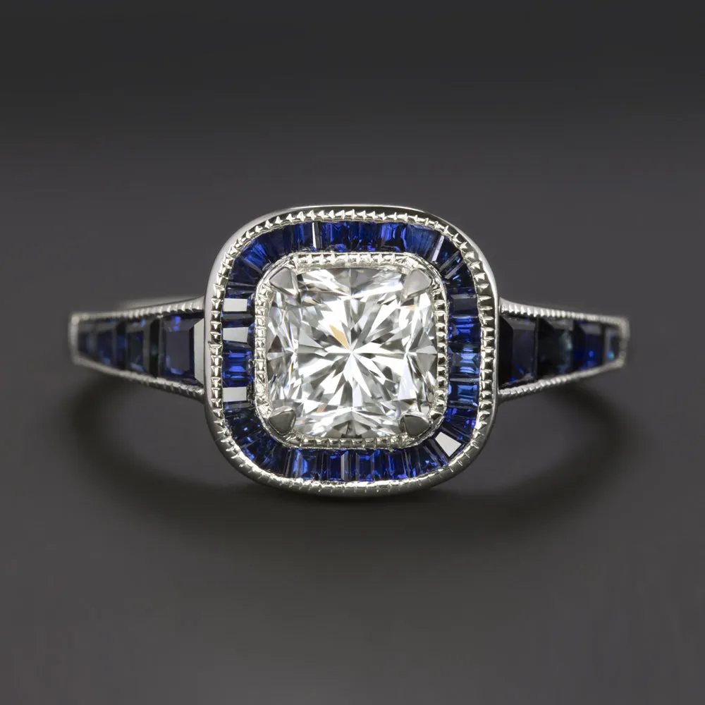 1 CARAT DIAMOND SAPPHIRE ENGAGEMENT RING VINTAGE STYLE CALIBRE HALO CUSHION CUT