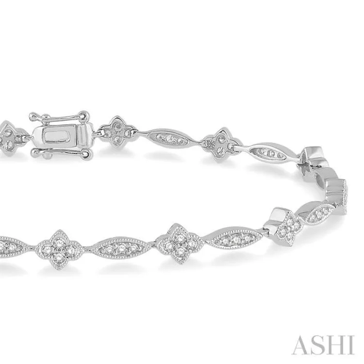 1 Ctw Marquise and Floral Link Diamond Bracelet in 14K White Gold