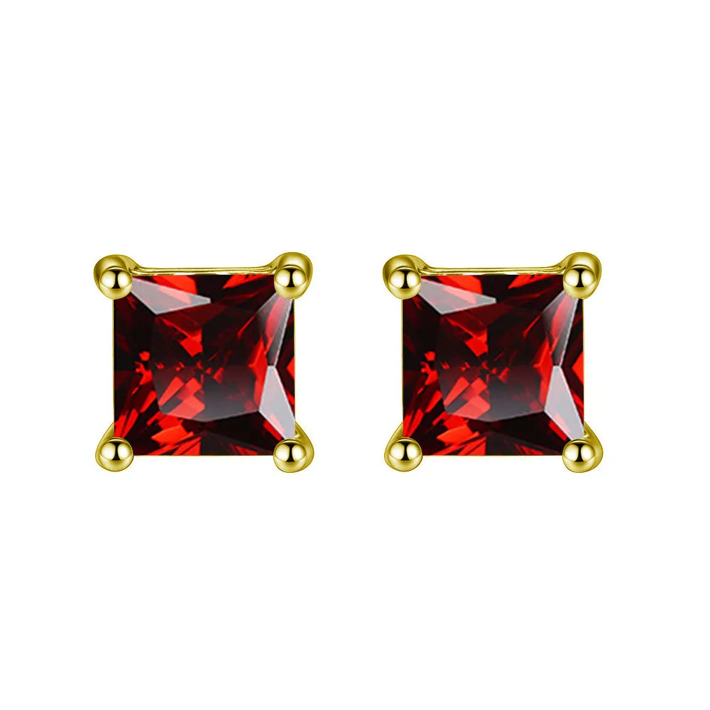 10k Yellow Gold Plated 1 Ct Princes Cut Created Ruby Sapphire Stud Earrings