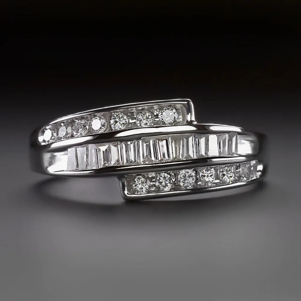 1/2ct DIAMOND COCKTAIL BAND BYPASS 3 ROW RING NATURAL WHITE GOLD BAGUETTE ROUND