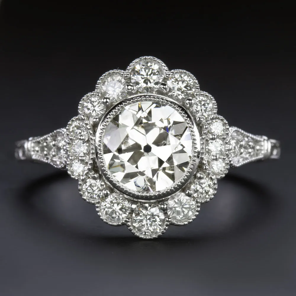 1.43ct OLD EUROPEAN CUT DIAMOND COCKTAIL RING VINTAGE STYLE HALO HAND ENGRAVED