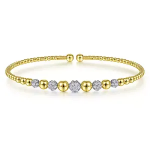 14K Gold Bujukan Bead Cuff Bracelet with 0.35 ct Pavé Diamond Stations, Available in White, Rose and Yellow Gold