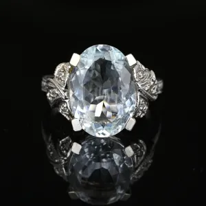 14K White Gold Art Deco Diamond Aquamarine Ring