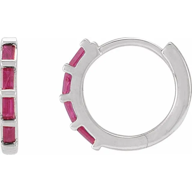 14K White Gold Natural Ruby Huggie Earrings