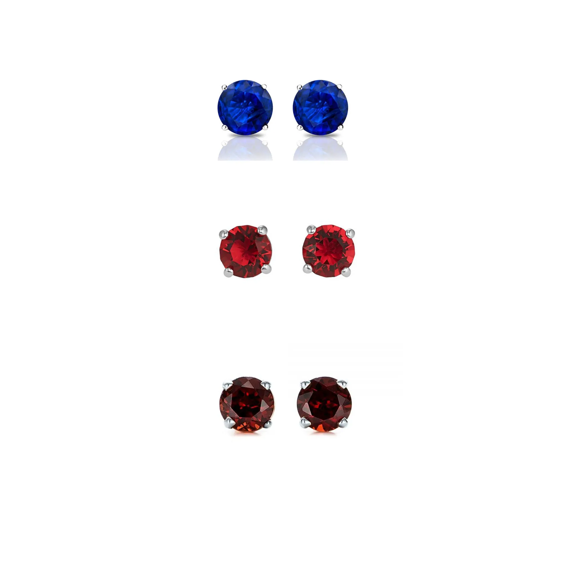 14k White Gold Plated 1Ct Created Blue Topaz, Ruby and Garnet 3 Pair Round Stud Earrings