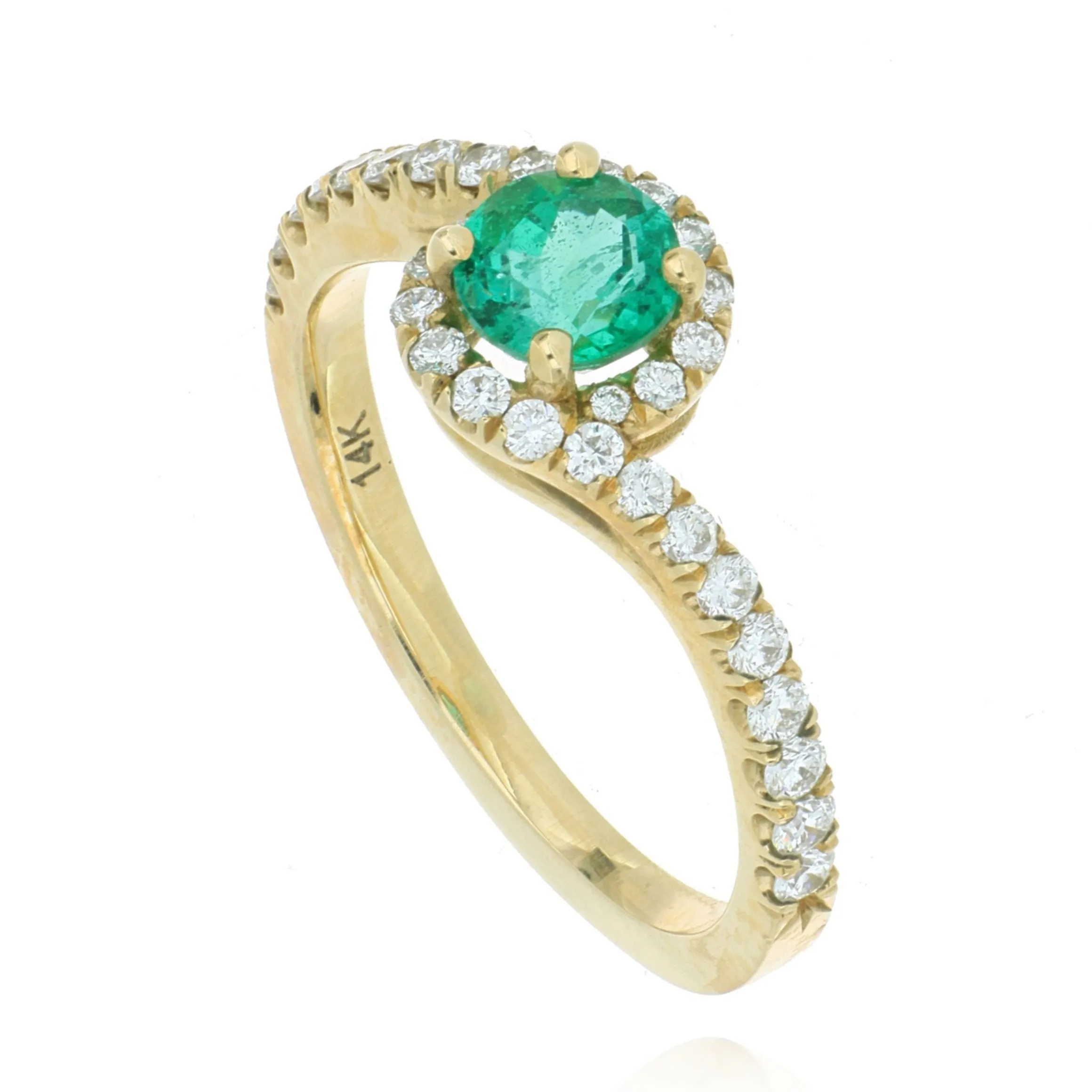 14k Yellow Gold Emerald and Diamond Bypass Ring