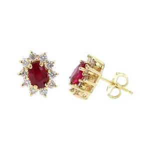 14K Yellow Gold Oval Ruby and Diamond Halo Earrings