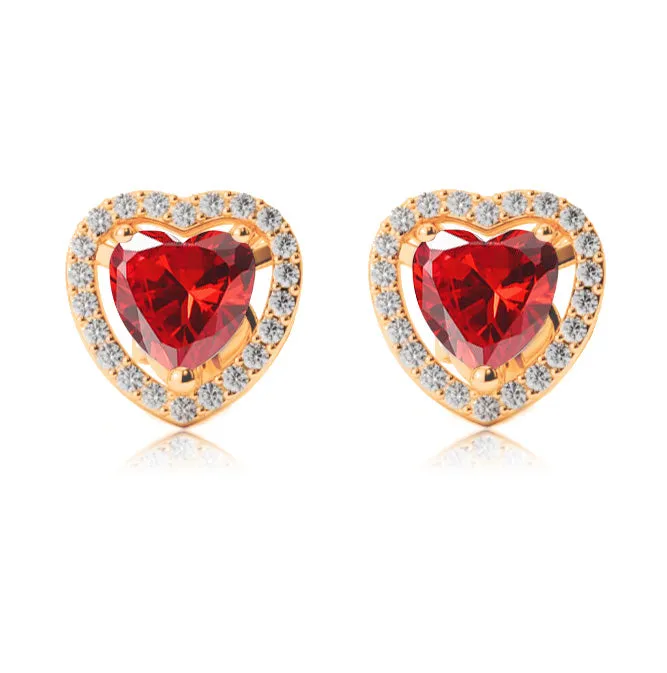 14k Yellow Gold Plated 3 Ct Created Halo Heart Ruby Stud Earrings