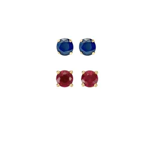 14k Yellow Gold Plated 4Ct Created Blue sapphire and  Ruby 2 Pair Round Stud Earrings