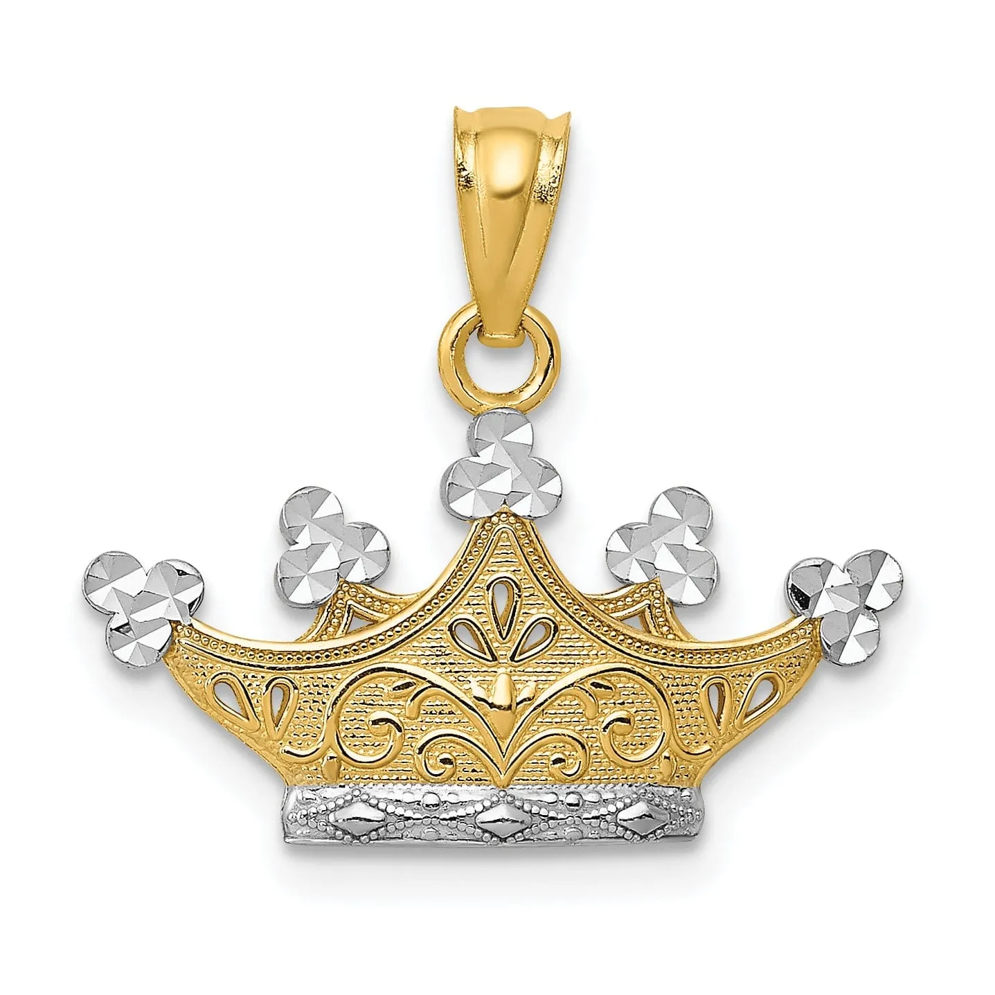 14k Yellow Gold White Rhodium Solid Textured Diamond Cut Polished Finish Crown Design Charm Pendant