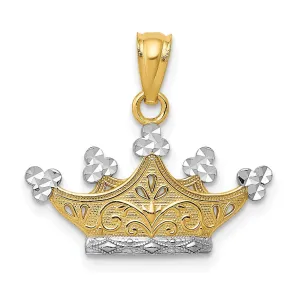 14k Yellow Gold White Rhodium Solid Textured Diamond Cut Polished Finish Crown Design Charm Pendant