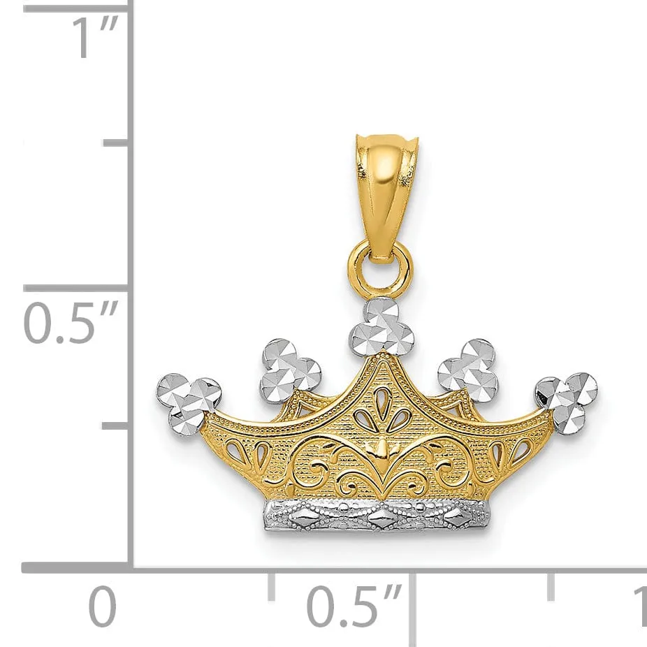 14k Yellow Gold White Rhodium Solid Textured Diamond Cut Polished Finish Crown Design Charm Pendant