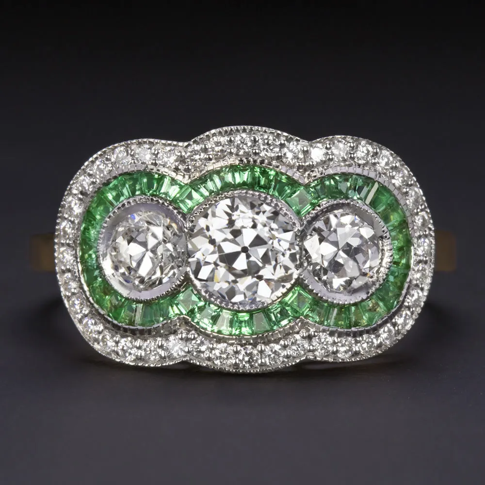 1.55ctw OLD EUROPEAN CUT DIAMOND EMERALD COCKTAIL RING VINTAGE STYLE 3 STONE