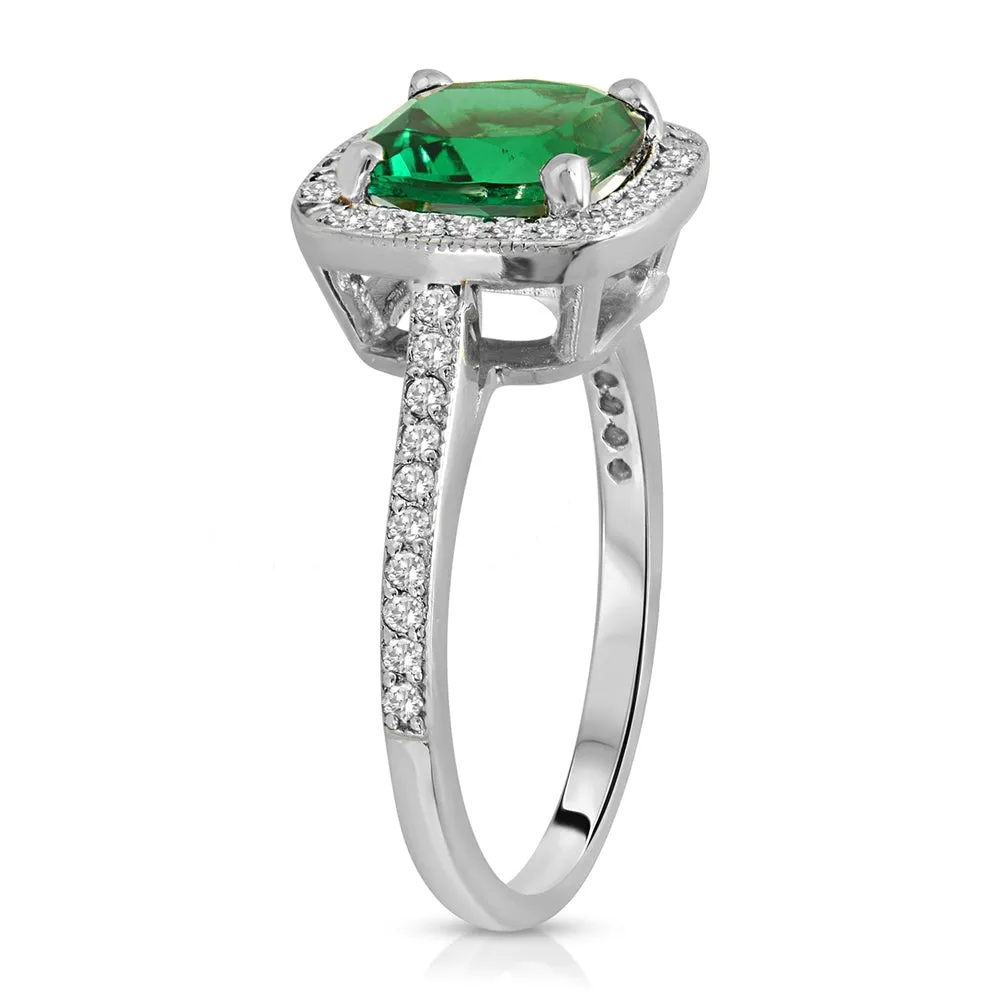 1.85 Carat Total Weight 14K Solid White Gold Emerald Natural Diamonds Halo Ring Brilliant Cushion Shape Cut and Round Diamonds Anniversary Engagement Promise Ring