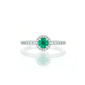 18k White Gold Emerald and Diamond Halo Ring