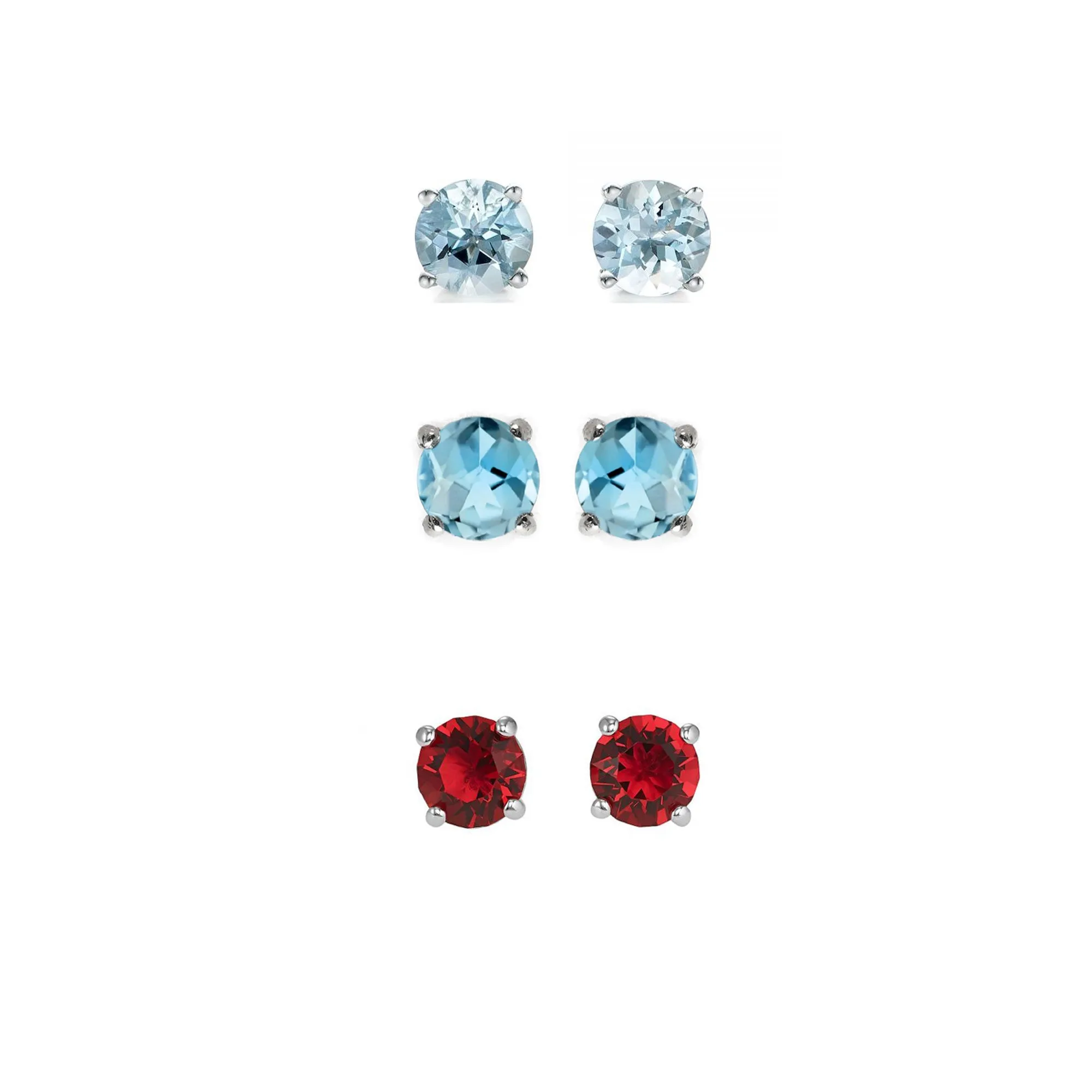 18k White Gold Plated 1/2Ct Created Aquamarine, Blue Topaz and Ruby 3 Pair Round Stud Earrings