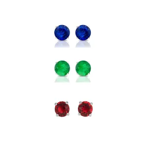 18k White Gold Plated 3Ct Created Blue Sapphire, Emerald and Ruby 3 Pair Round Stud Earrings