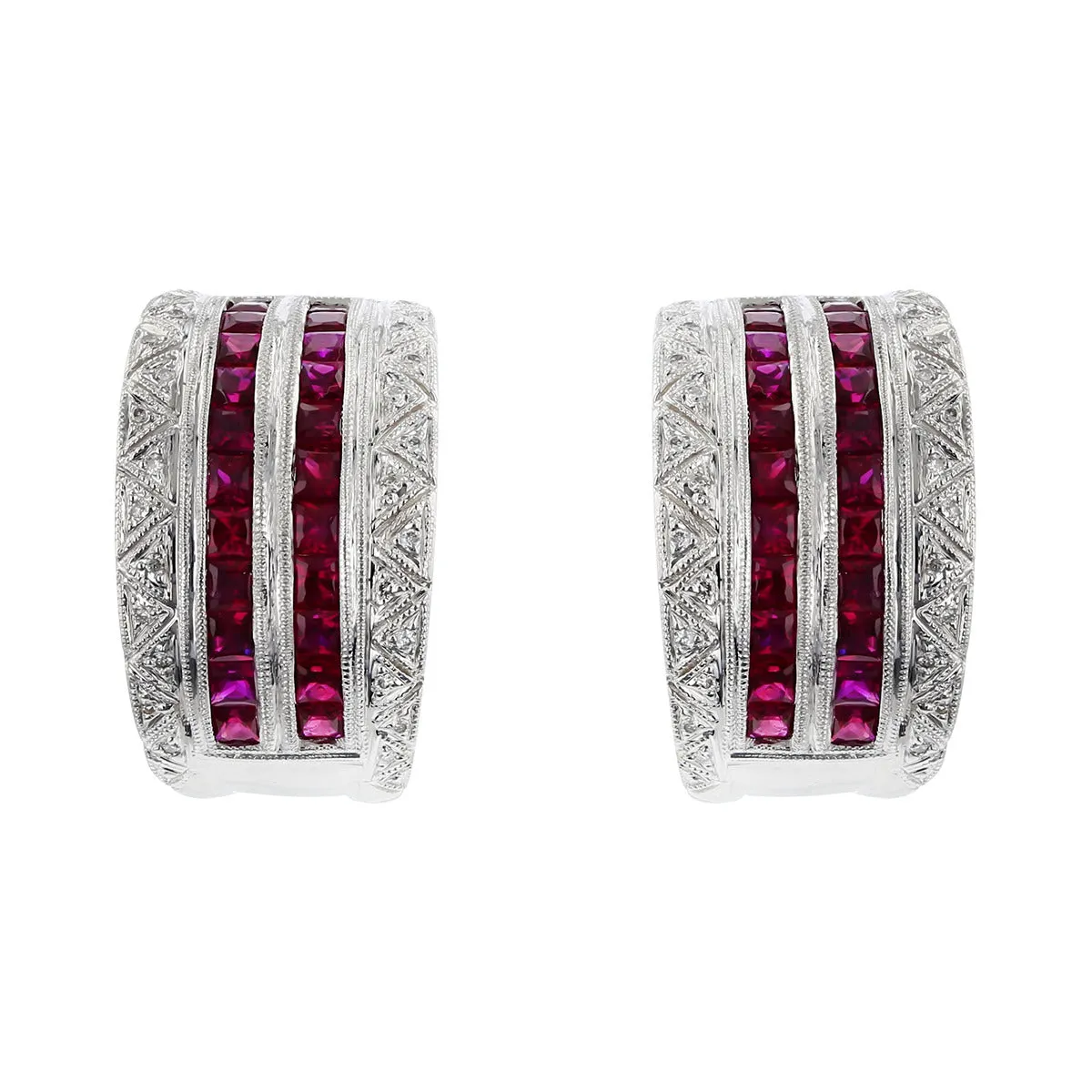 18K White Gold Ruby and Diamond 4 Row Earrings