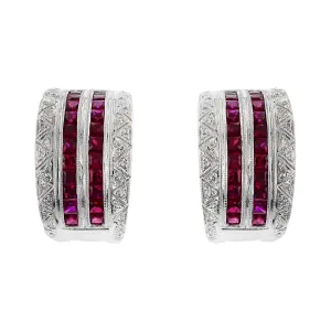 18K White Gold Ruby and Diamond 4 Row Earrings