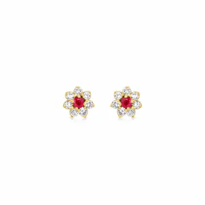 18kt Yellow Gold Burmese Ruby and Diamond Flower Earrings