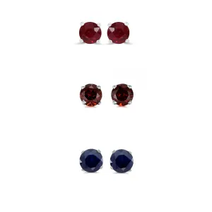 24k White Gold Plated 1/2Ct Created Ruby, Garnet and Black Sapphire 3 Pair Round Stud Earrings