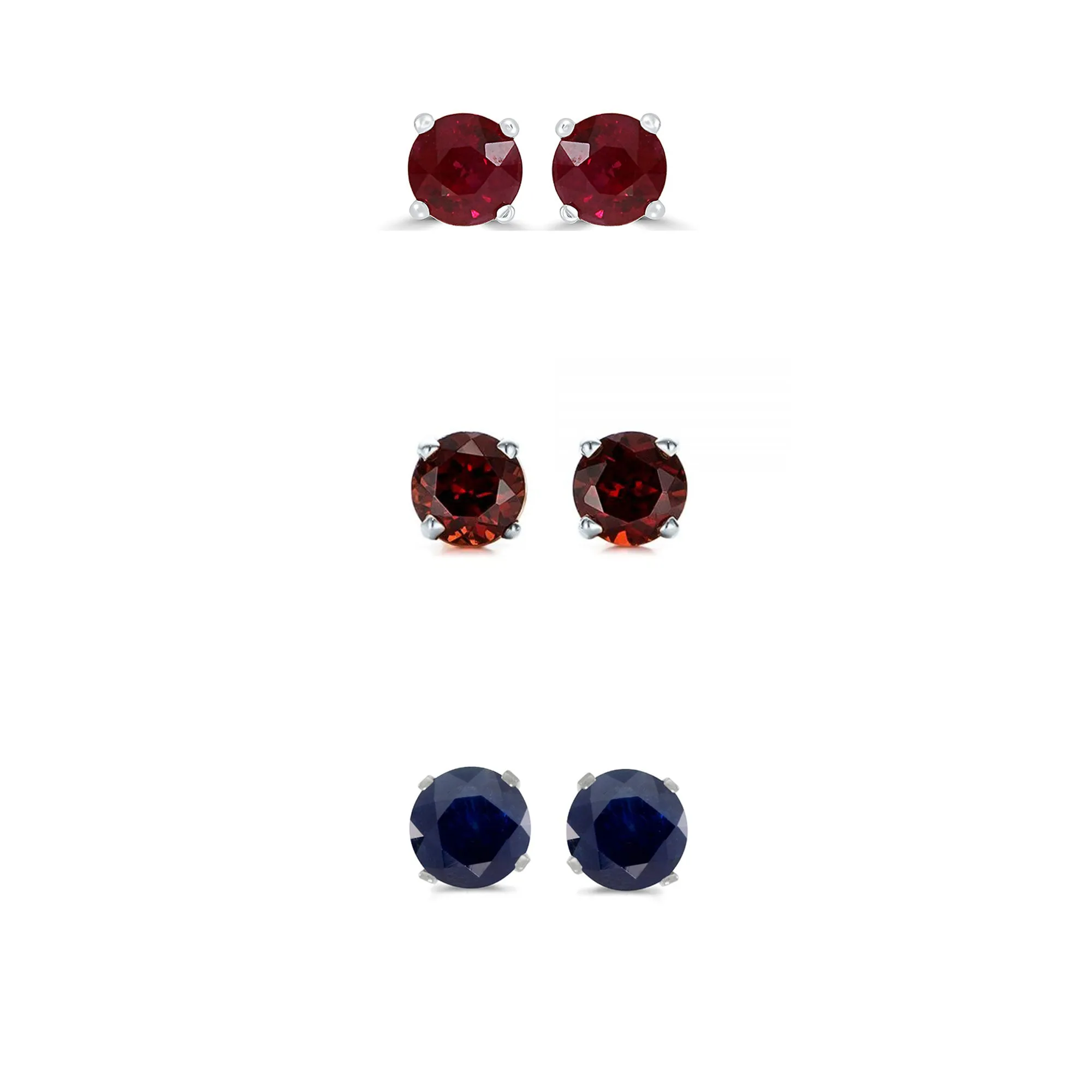 24k White Gold Plated 2Ct Created Ruby, Garnet and Black Sapphire 3 Pair Round Stud Earrings