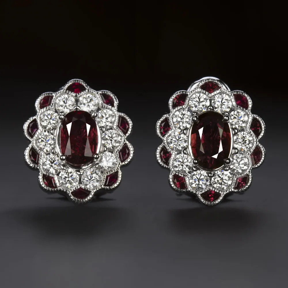 2.5ct RUBY DIAMOND STUD EARRINGS OVAL SCALLOPED HALO NATURAL RED 14k WHITE GOLD