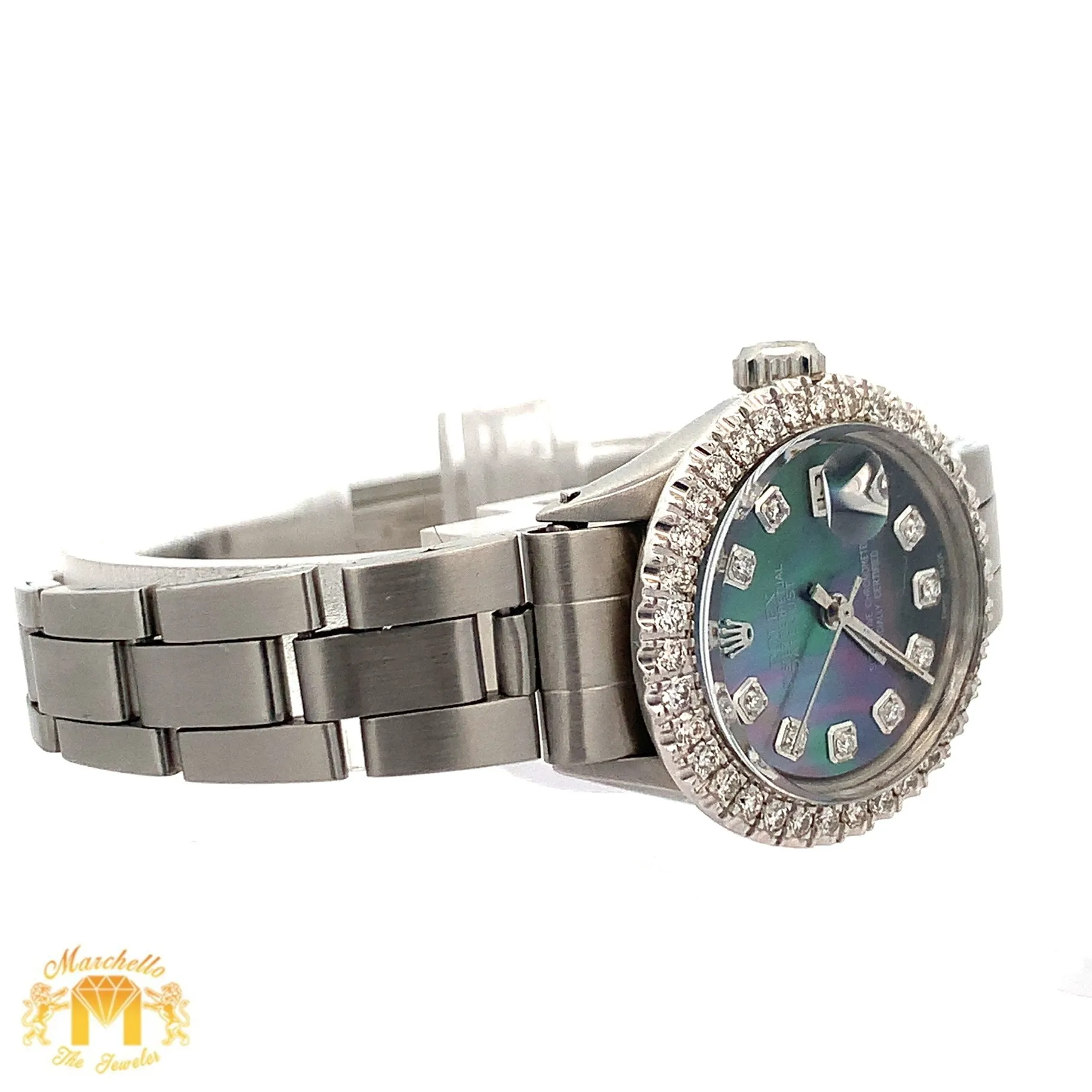 26mm Ladies`Rolex Datejust Watch with Stainless Steel Oyster Bracelet (Diamond mother of pearl (MOP) dial, diamond bezel)