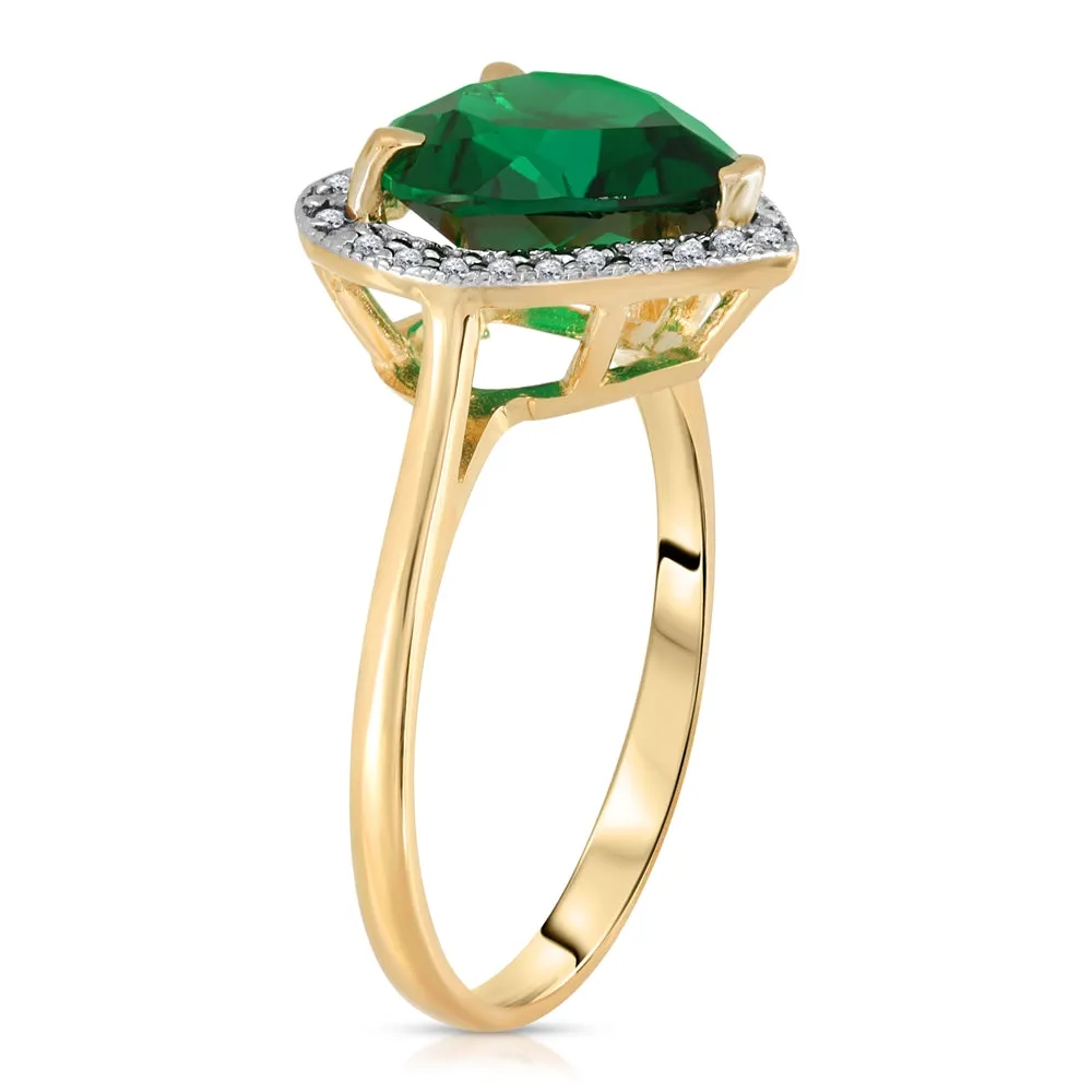 2.89 Carat Total Weight 14K Solid Yellow Gold Emerald Natural Diamonds Halo Ring Brilliant Heart Shape Cut and Round Diamonds Anniversary Engagement Promise Ring