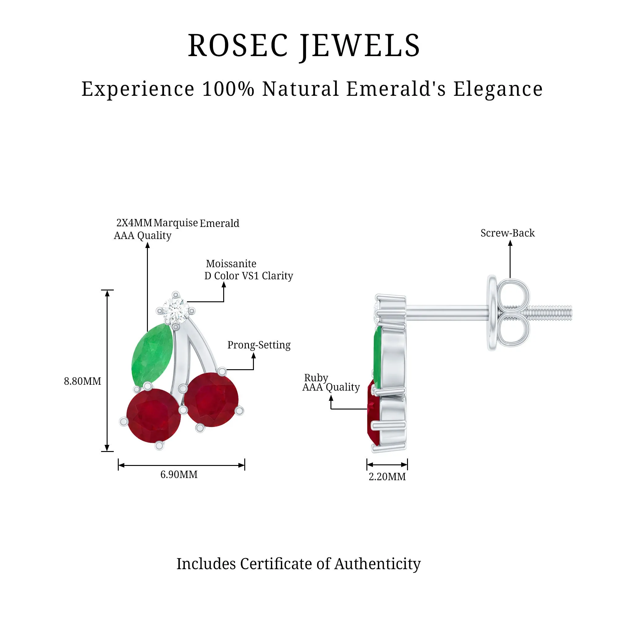 3/4 CT Ruby and Emerald Cherry Earrings with Moissanite