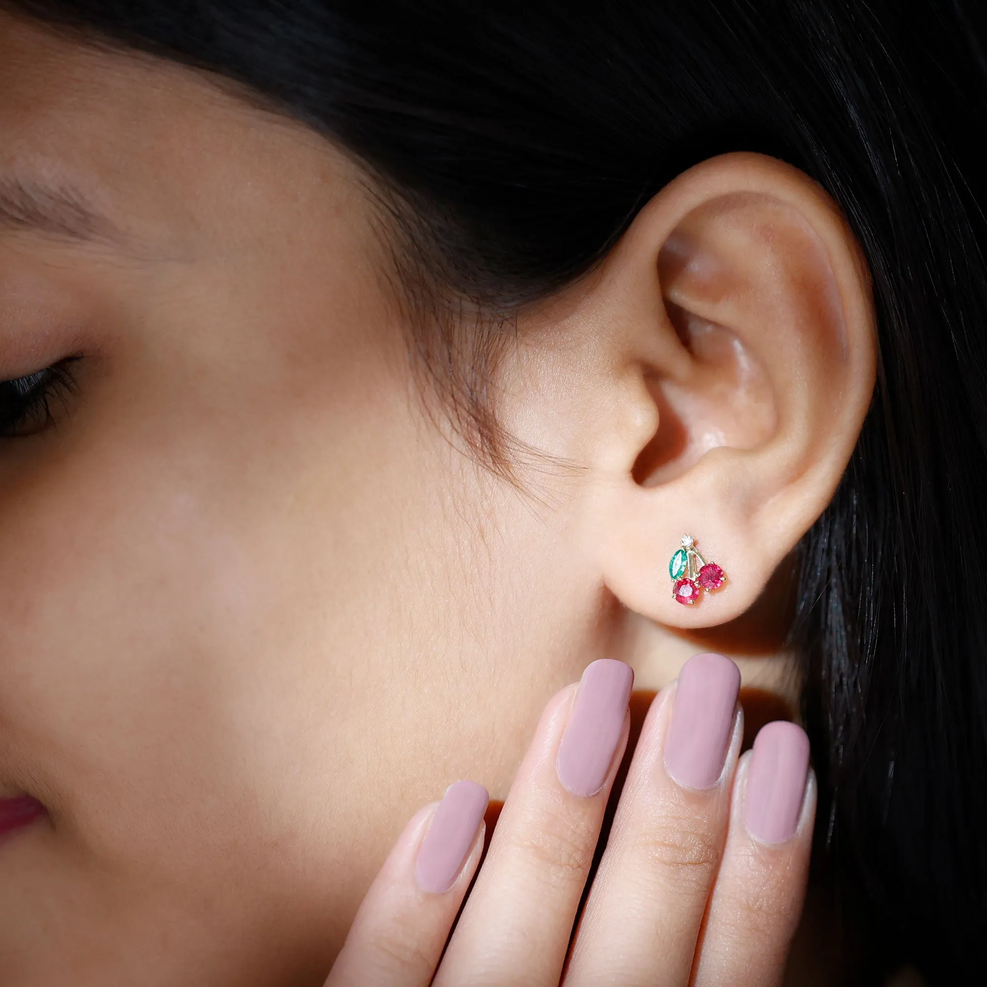 3/4 CT Ruby and Emerald Cherry Earrings with Moissanite