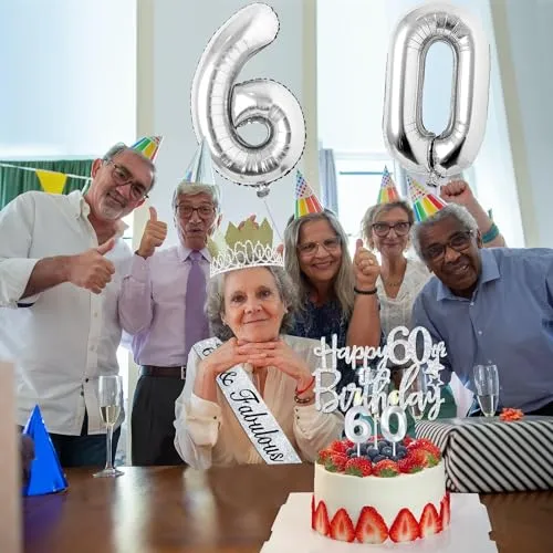 60th Birthday Decorations Women Include Silver 60th Birthday Tiara and Sash, Silver 60th Birthday Candles and Cake Topper, Silver 60th Birthday Balloons for 60th Birthday Gifts Women