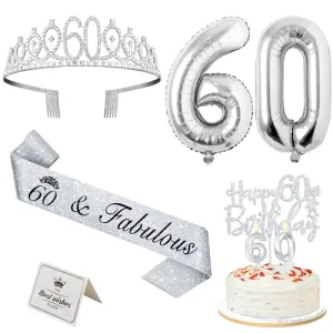 60th Birthday Decorations Women Include Silver 60th Birthday Tiara and Sash, Silver 60th Birthday Candles and Cake Topper, Silver 60th Birthday Balloons for 60th Birthday Gifts Women