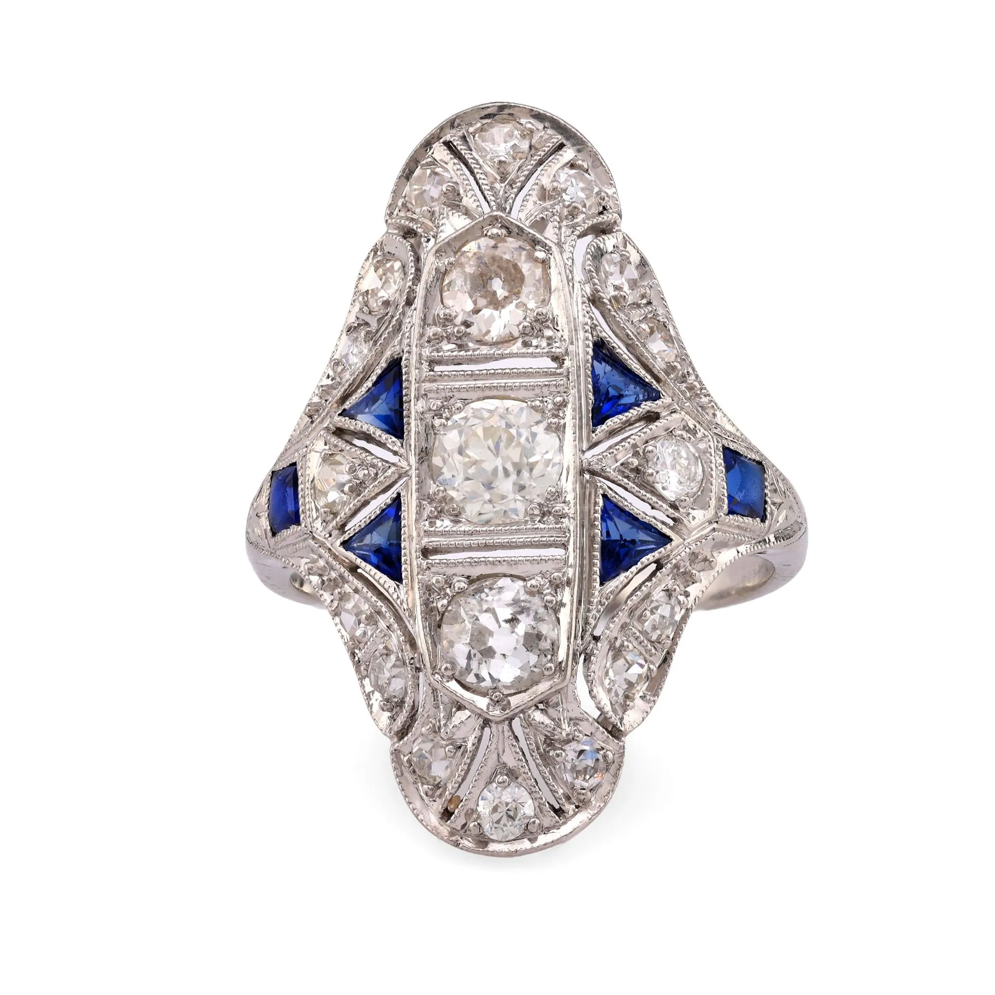 Art Deco Diamond Sapphire Platinum Navette Ring