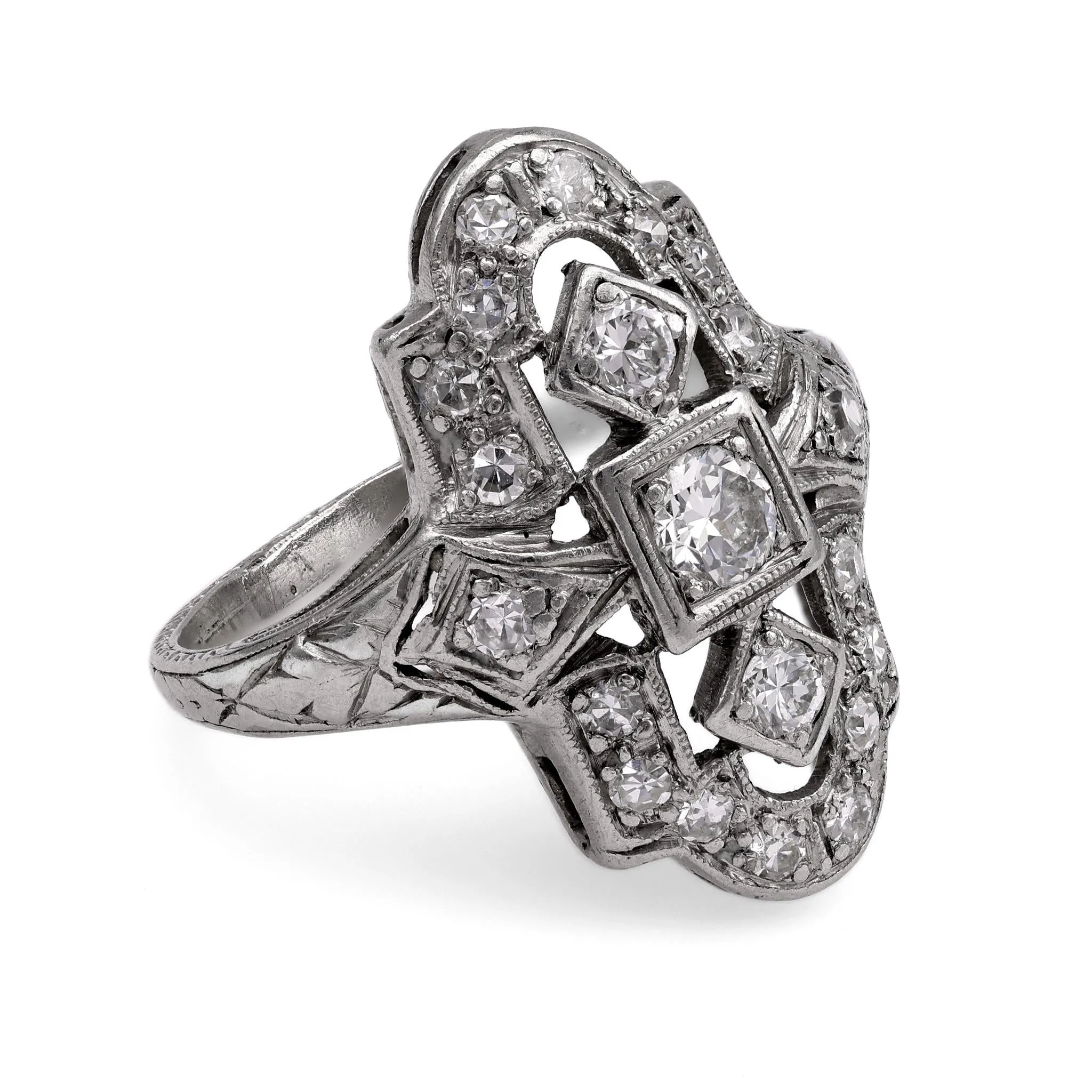 Art Deco Navette Platinum Diamond Ring