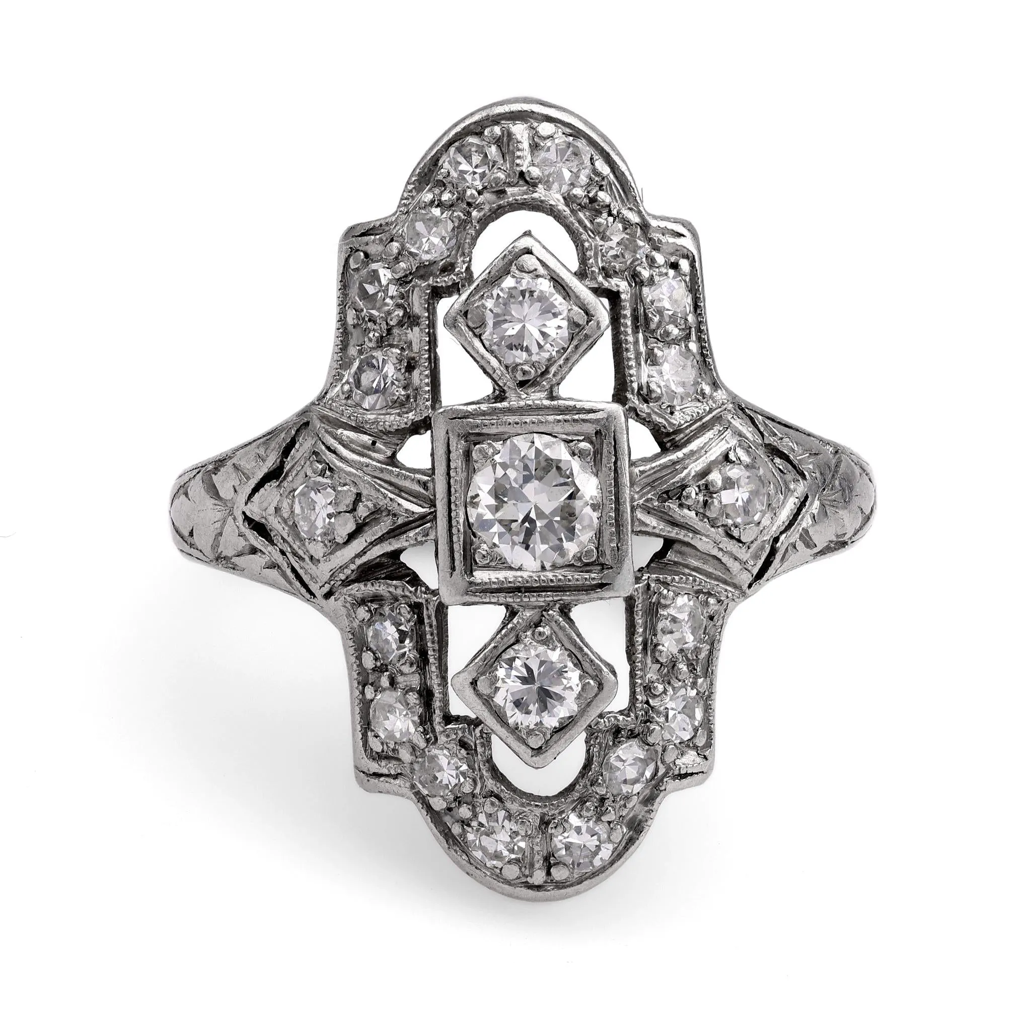 Art Deco Navette Platinum Diamond Ring