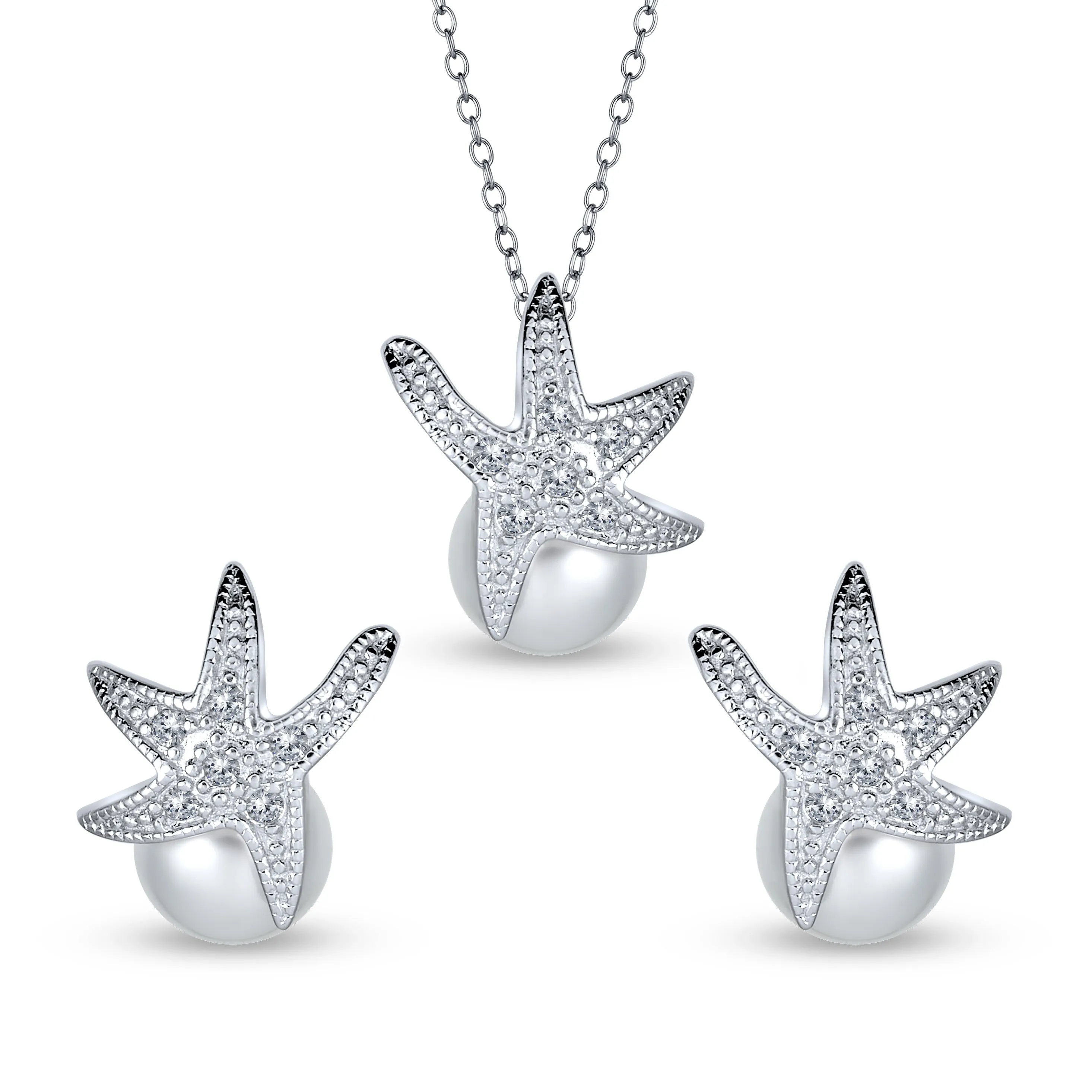 Beach Bridal CZ Starfish Pearl Pendant Earrings Jewelry Set .925 Sterling Silver