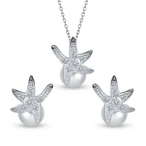 Beach Bridal CZ Starfish Pearl Pendant Earrings Jewelry Set .925 Sterling Silver