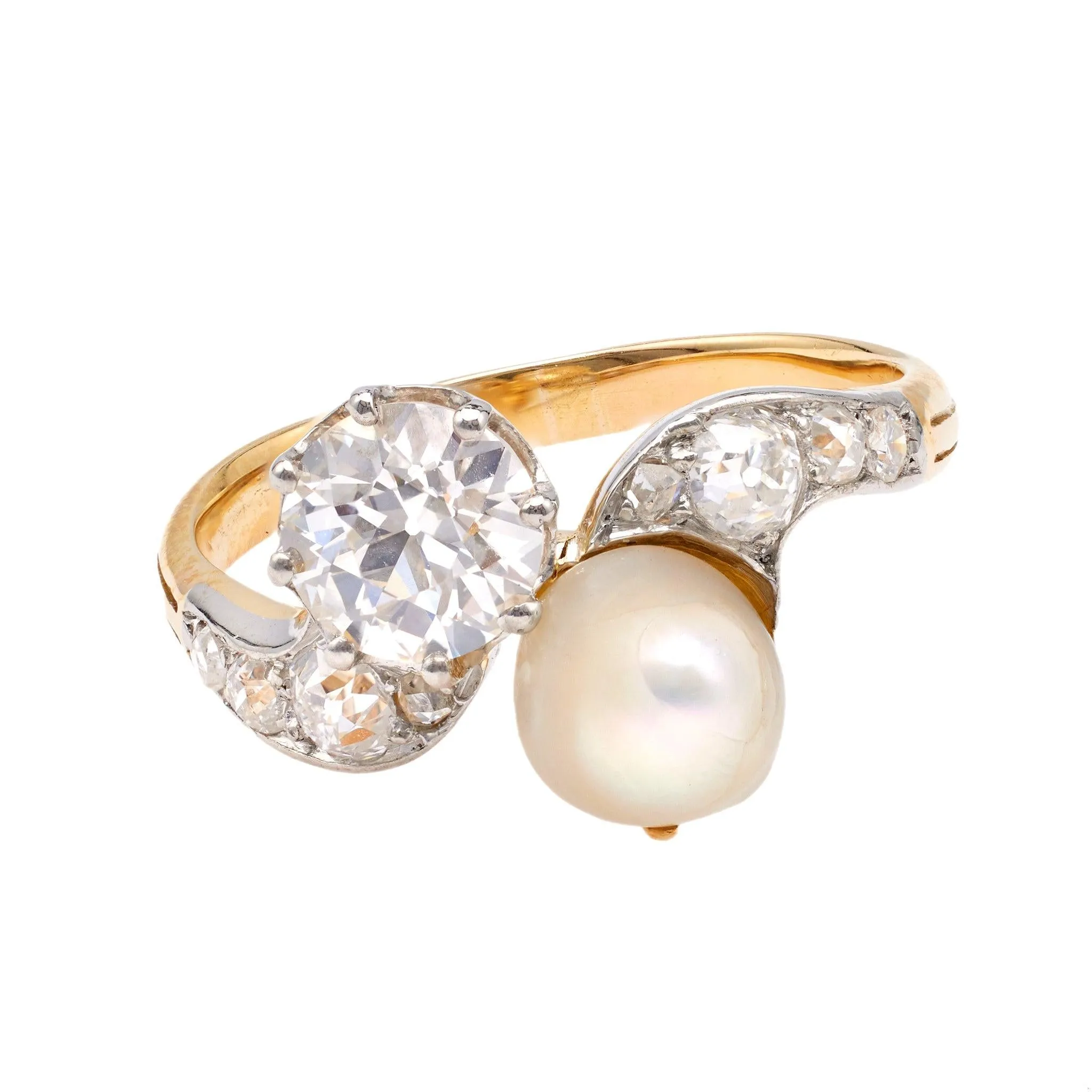 Belle Époque French GIA 0.82 Carat Diamond and Pearl Toi et Moi 18k Yellow Gold