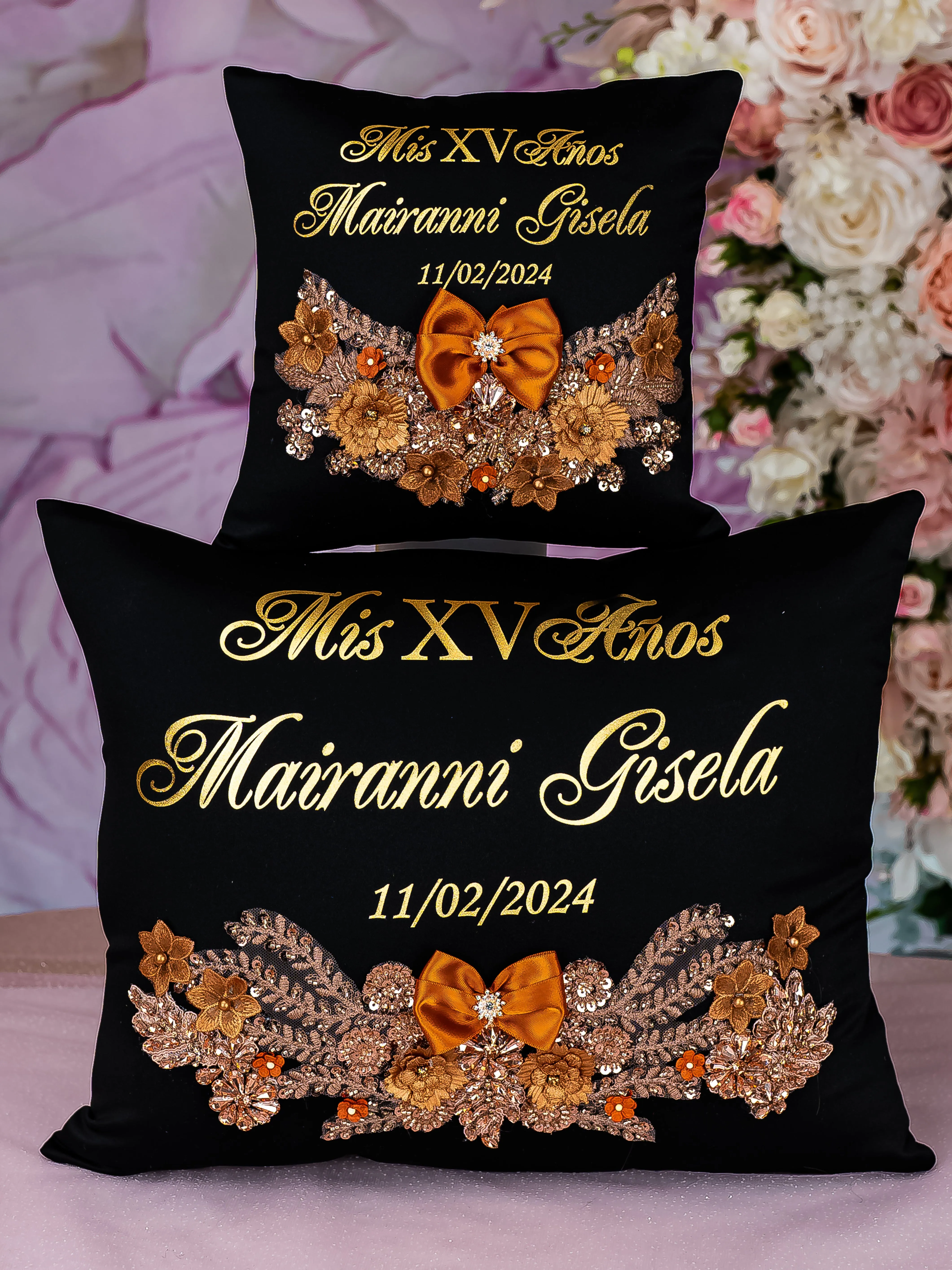 Black burnt orange Quinceanera package of Money Card Box, Bible, pillows set, 2 Glasses and bottle