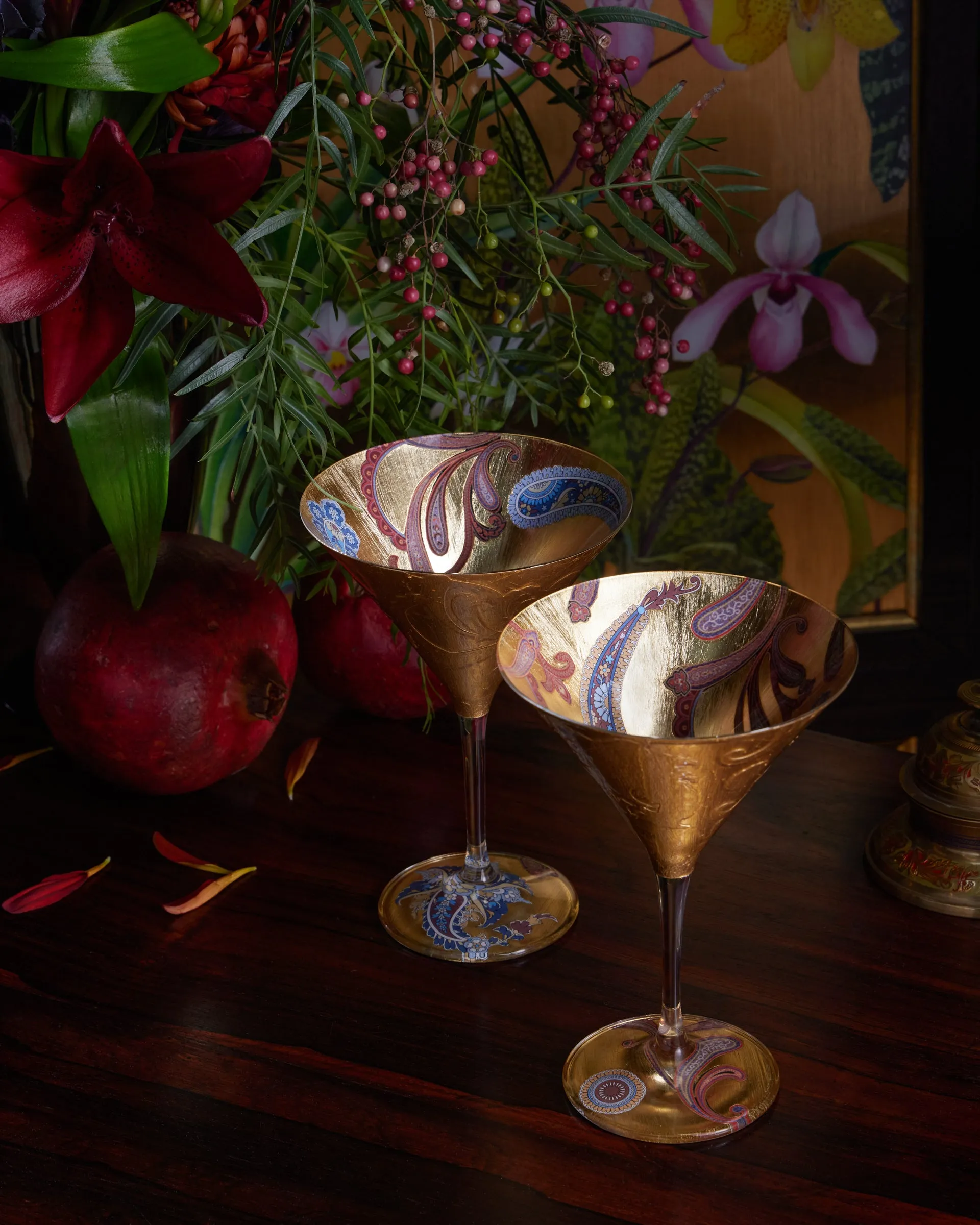 Blue and Burnt Orange Paisley Gilded Martini Glass Set