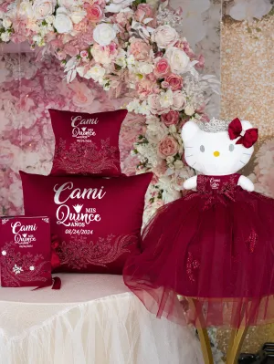 Burgundy Silver Quinceanera pillows set, bible and Kitty