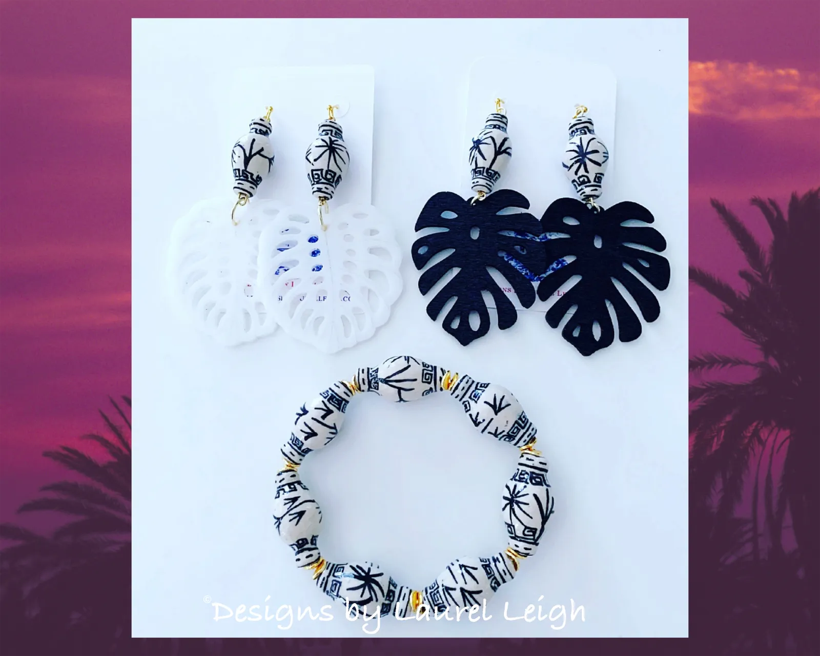 Chinoiserie Tropical Monstera Leaf Statement Earrings - Black & White