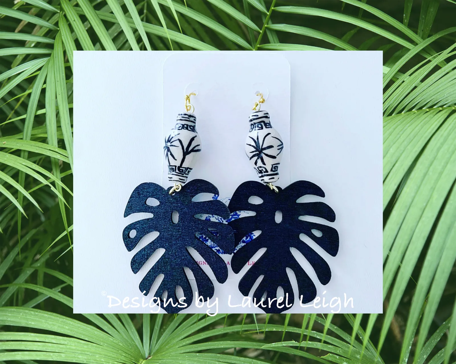 Chinoiserie Tropical Monstera Leaf Statement Earrings - Black & White