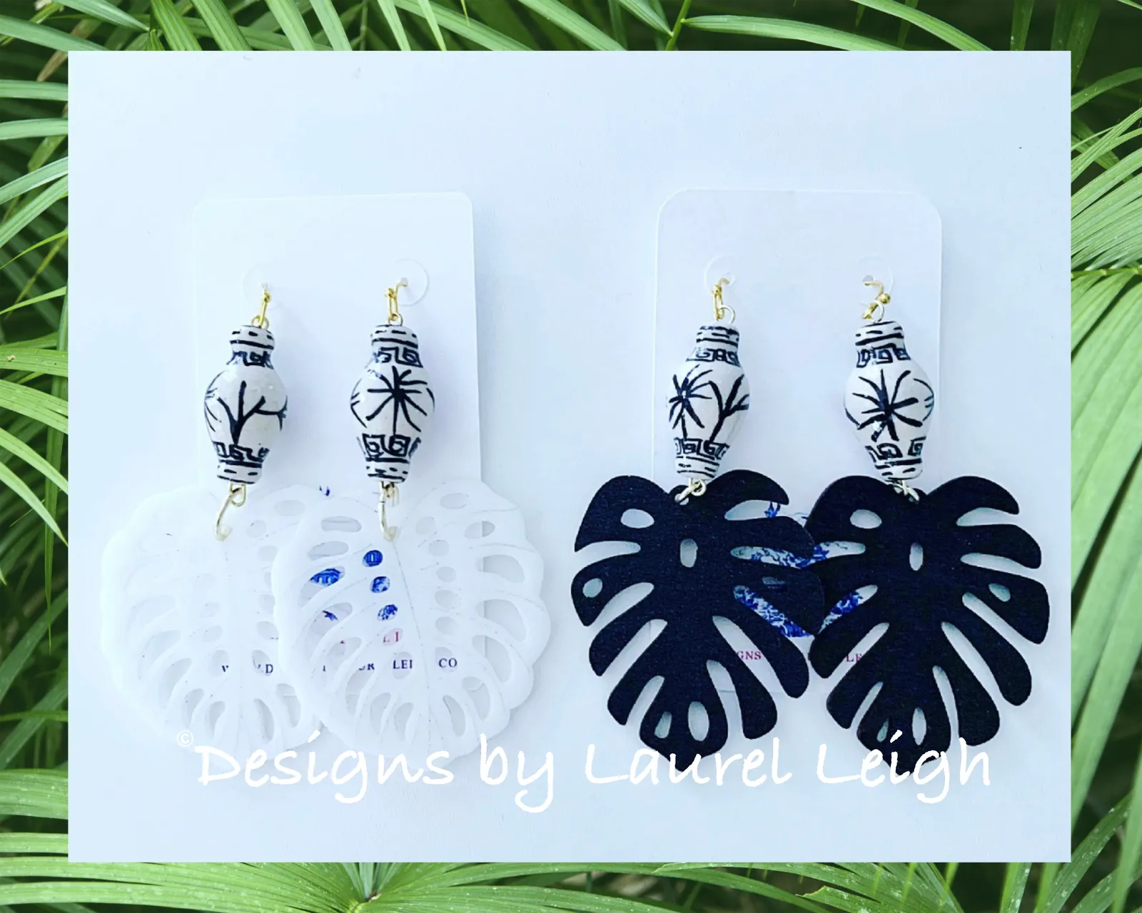 Chinoiserie Tropical Monstera Leaf Statement Earrings - Black & White