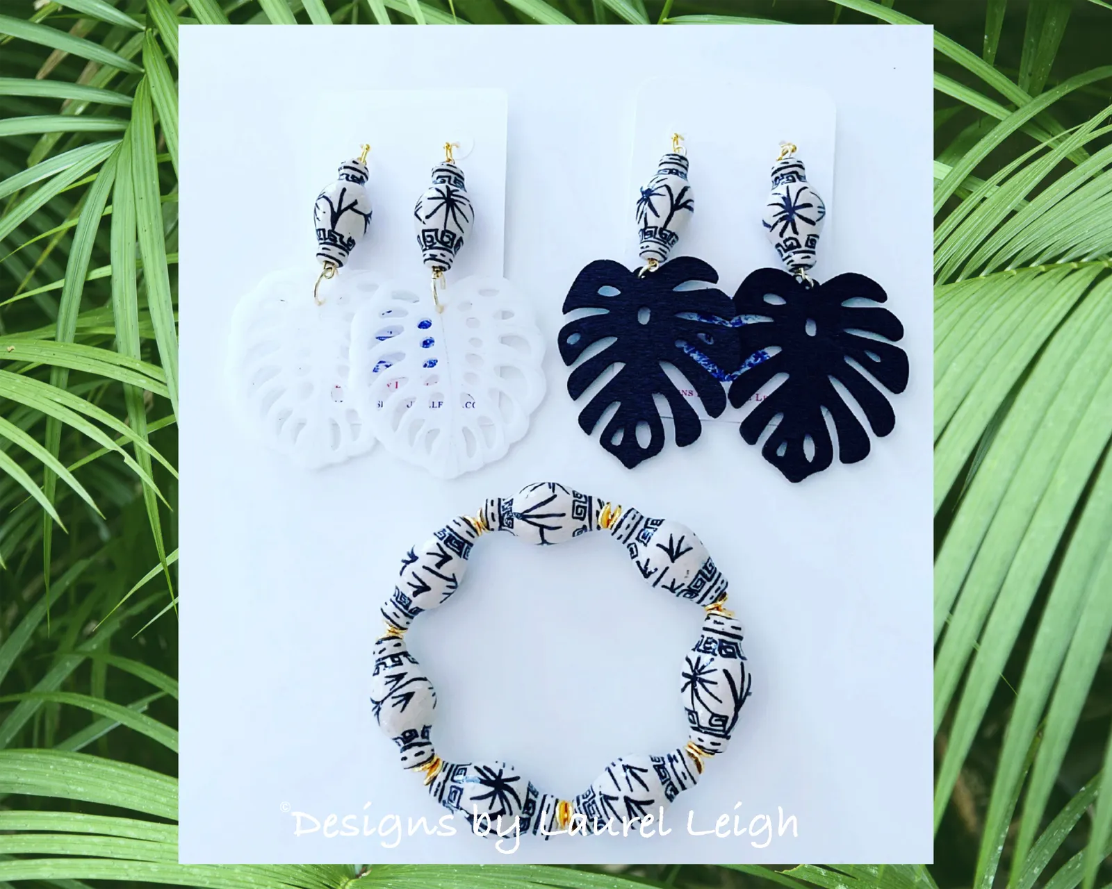 Chinoiserie Tropical Monstera Leaf Statement Earrings - Black & White