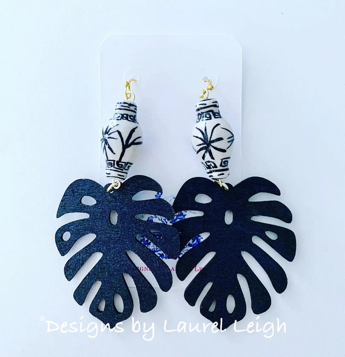 Chinoiserie Tropical Monstera Leaf Statement Earrings - Black & White