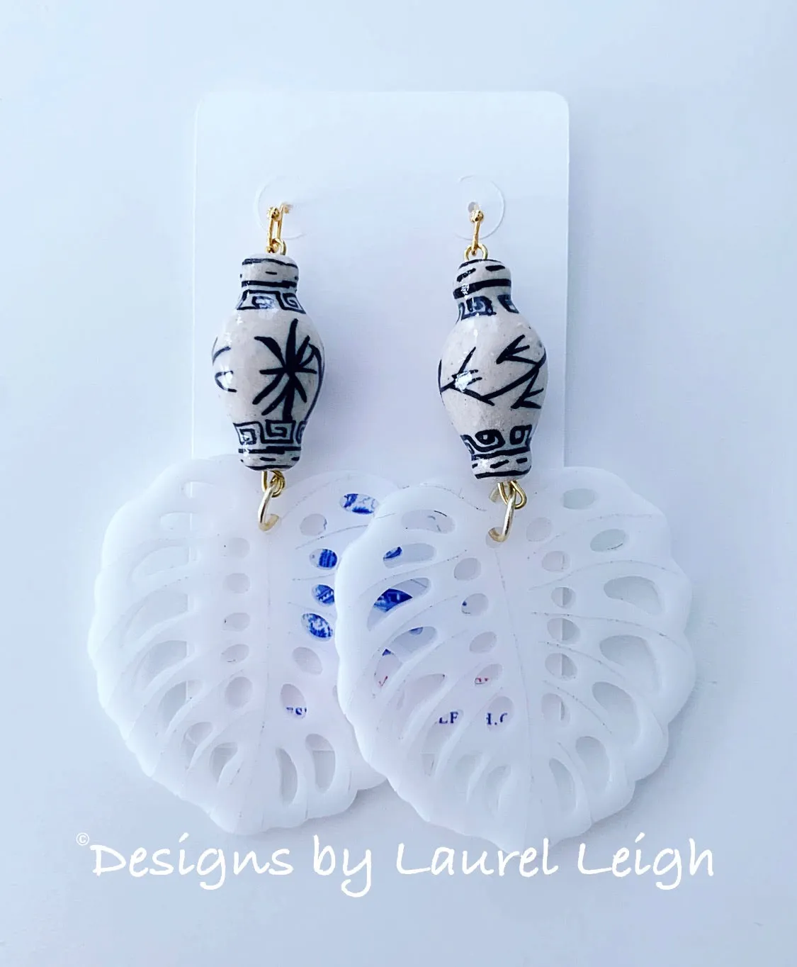 Chinoiserie Tropical Monstera Leaf Statement Earrings - Black & White