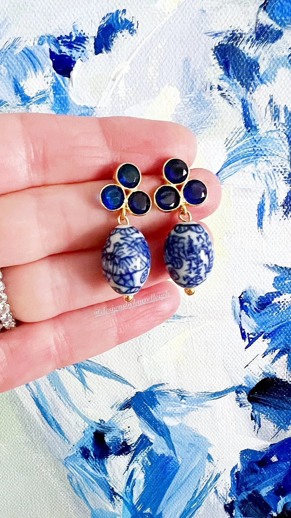 Cobalt Blue Gemstone Chinoiserie Drop Earrings