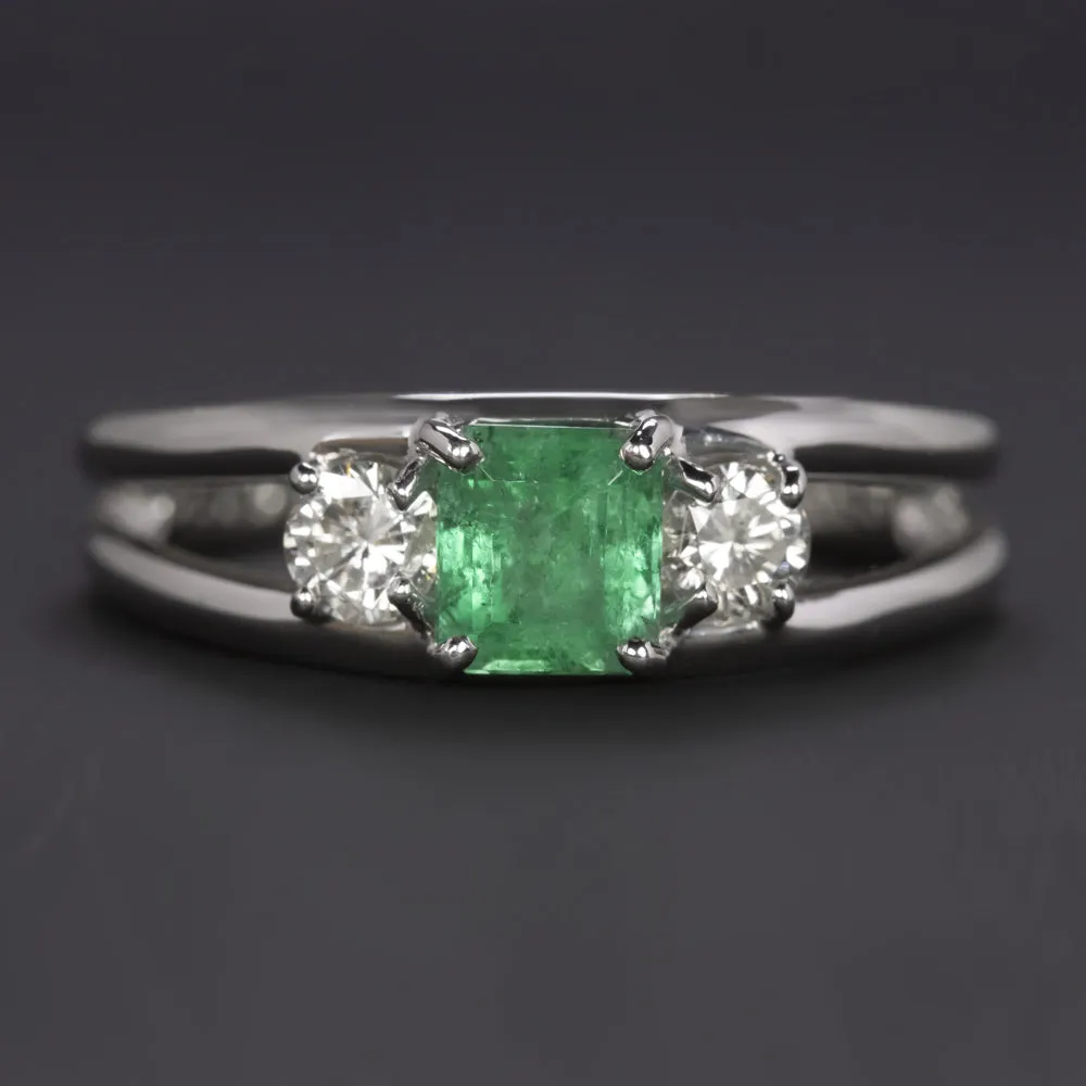 COLOMBIAN EMERALD DIAMOND COCKTAIL RING PLATINUM SPLIT SHANK 3 STONE NATURAL